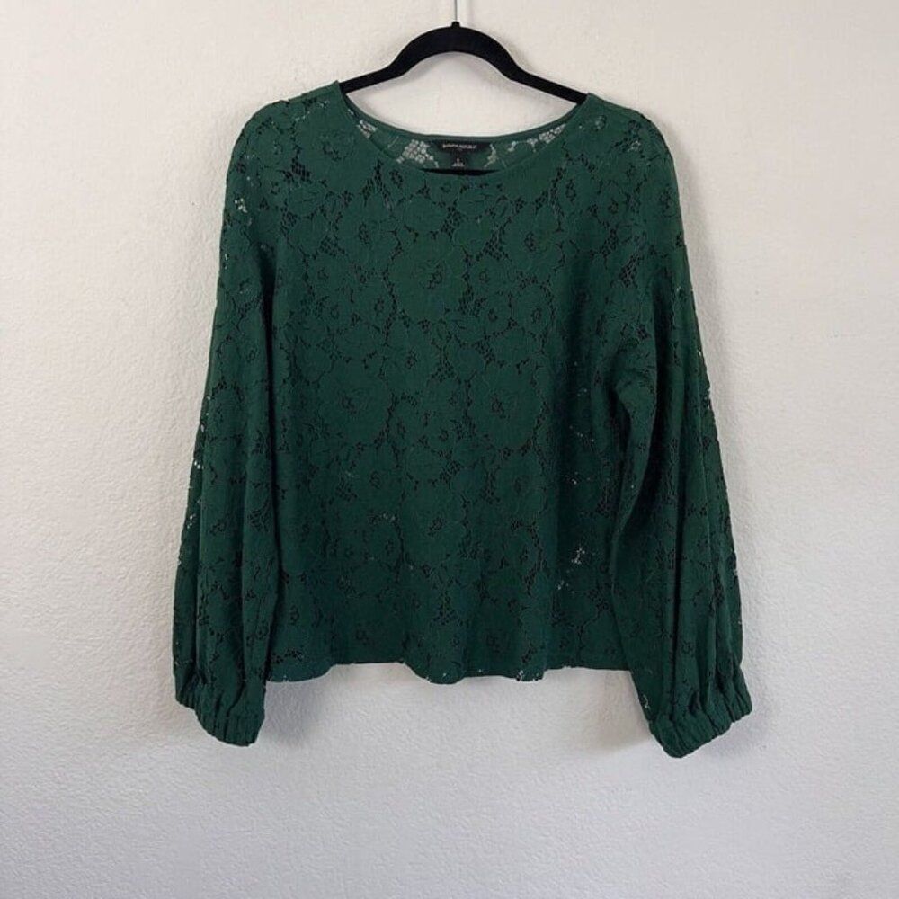 Banana Republic Women Long Sleeve Top Emerald Green Lace Sheer Blouse Large